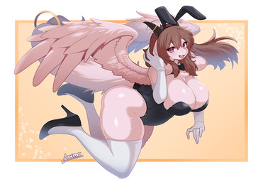anthro big_breasts black_clothing black_footwear black_high_heels black_leotard breasts brown_hair clothing fake_ears fake_rabbit_ears feathered_wings feathers female flying footwear front_view fur gloves hair handwear high_heels horn legwear leotard looking_at_viewer open_mouth pink_body pink_fur shoes smile solo stockings tail white_clothing white_gloves white_handwear white_legwear white_stockings wings arumo mythology dragon furred_dragon furred_scalie mythological_creature mythological_scalie scalie 2026 digital_media_(artwork)