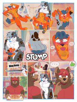 anthro blush delivery_(commerce) delivery_employee feet flattened flattening_fetish foot_fetish foot_focus foot_markings foot_play gaming group inanimate_transformation insole leg_markings lost_bet male male/male markings pawpads paws soles stomped stretchy transformation trio underfoot willing_transformation luciotheartistxy boof_(brotherboofer) squishdingo_(character) canid canine canis dingo mammal comic hi_res