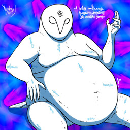 ambiguous_gender anthro belly big_belly empty_eyes navel overweight rumbling_stomach solo tail text white_arms white_body white_legs white_tail yauhasart avian bird owl 1:1 2025 flat_colors hi_res unknown_text