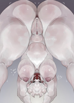 areola big_breasts big_butt black_eyes breasts butt female genitals grey_background looking_at_viewer looking_back looking_back_at_viewer mandibles navel nipples nude pink_areola pink_nipples simple_background solo thick_thighs upside_down vulva white_body wide_hips parasytal predator_(franchise) alien alien_humanoid humanoid yautja hi_res