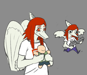 alternate_hairstyle anthro chibi clothed clothing duo female grey_background gun hair looking_at_viewer male plushie ranged_weapon red_hair simple_background weapon wings sheglech cavemanon_studios goodbye_volcano_high ko_op_(game_developer) snoot_game anon_(snoot_game) fang_(gvh) prehistoric_species pterosaur reptile scalie