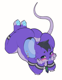 anthro big_butt blue_pawpads blush butt ear_piercing feet fur hindpaw jewelry lying male necklace on_front pawpads paws piercing purple_body purple_fur simple_background solo tongue tongue_out white_background mediocre_peach kavii mammal mouse murid murine rodent absurd_res hi_res