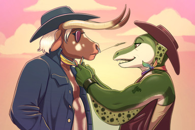 anthro bracelet button_(fastener) clothing duo eyewear facial_piercing glasses hankerchief horn jacket jewelry lgbt_pride male nose_piercing nose_ring outside piercing pride_colors ring_piercing topwear glopossum texas_furry_fiesta alligator_gar bovid bovine cattle mammal 2026