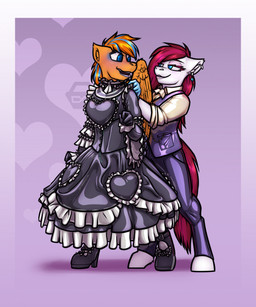 anthro boots clothing dress duo ear_piercing ear_ring eyeshadow female flustered footwear inner_ear_fluff latex latex_clothing makeup permanent piercing ring_piercing shoes tuft wings krd mythology tight_fit_(oc) equid equine horse mammal mythological_creature mythological_equine pegasus pony 2026 hi_res trans_(lore) trans_woman_(lore)