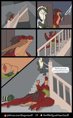 3_toes 5_fingers abs animal_genitalia anthro backpack balls barefoot baseball_bat bat_(object) behind_door black_body black_fur black_horn black_spikes black_stripes blue_eyes bottomwear brown_hair casual_nudity climbing climbing_down clothed clothing dialogue evil_grin eyes_closed falling_down falling_down_stairs feet fingers front_view fur furaffinity_logo genitals green_body green_bottomwear green_clothing green_eyes green_scales green_shorts grey_body grey_fur grimace group hair hiding hit holding_baseball_bat holding_bat holding_melee_weapon holding_object holding_weapon horn inside inside_clothing lying male male/male melee_weapon micro multi_horn muscular muscular_anthro muscular_male on_front overbite pain parapet patreon_logo pecs question_mark railing rear_view red_body red_eyes red_fur rooftop scales shadow sheath shorts side_view smile snout spiked_tail spikes spikes_(anatomy) stairs standing stripes surprise_attack tail tan_body tan_fur text toes tongue tongue_out topless topless_anthro topless_male weapon white_body white_fur white_hair wide_eyed wounded rimentus furaffinity mythology patreon coalt holstar_(rimentus) kharl_(rimentus) squeaks_(rimentus) canid canine canis dragon furred_dragon furred_scalie kobold mammal mythological_creature mythological_scalie scalie wingless_dragon wolf comic english_text hi_res url