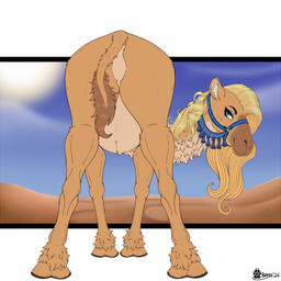 belly bridle butt desert female feral fur hair hooves looking_at_viewer nude presenting presenting_hindquarters rear_view smile smiling_at_viewer solo spread_legs spreading tail tail_aside marcushunter jewel_(marcushunter) camel camelid dromedary mammal 1:1 2026 hi_res signature