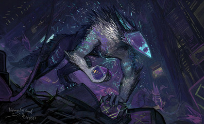 all_fours ambiguous_gender anthro black_claws city cityscape claws detailed_background digitigrade electricity finger_claws fur grey_body grey_fur group iridescent iridescent_fur long_ears mask rubble toe_claws wire themefinland deltarune undertale_(series) werewerewire 2025 digital_media_(artwork) hi_res signature