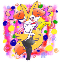 accessory ambiguous_anthro ambiguous_gender anthro banana big_tail biped blush blush_lines blush_stickers blushing_profusely bodily_fluids bow_ribbon digitigrade dipstick_tail emanata embarrassed flying_sweatdrops food front_view fruit hair_accessory hair_bow hair_ribbon looking_at_viewer markings mouth_closed object_in_tail on_one_leg plant ribbons snout solo standing sweat sweatdrop tail tail_markings wavy_mouth annyui0611 nintendo pokemon braixen canid generation_6_pokemon mammal pokemon_(species) 1:1 2024 digital_drawing_(artwork) digital_media_(artwork) full-length_portrait hi_res japanese_description portrait translated_description