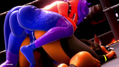 anthro balls bent_over big_balls big_breasts big_butt blue_body blue_scales bouncing_breasts bouncing_butt breasts brown_body brown_fur butt clothing collar duo female fighting_ring fur genitals hair hand_on_belly intersex knee_highs legwear muscular muscular_female nipple_piercing nipples nude penetration penis piercing purple_hair red_body red_eyes red_scales scales sharp_teeth spiked_collar spikes teeth thick_thighs tongue tongue_out vaginal vaginal_penetration white_hair wide_hips kasdaq petruz_(modeler) valorlynz_(modeler) cayenne_(kasdaq) rosven_(fightinlove) canid canine canis dobermann domestic_dog lizard mammal pinscher reptile scalie 2025 3d_(artwork) 3d_animation animated blender_(artwork) digital_media_(artwork) hi_res loop short_playtime webm