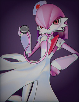 alternate_color chest_spike clothing dress female flat_chested hair hand_on_hip hat headgear headwear mole_under_eye nurse_clothing nurse_hat nurse_headwear pink_body pink_hair pseudo_clothing pseudo_hair red_eyes solo spikes spikes_(anatomy) sublender1234 nintendo pokemon gardevoir generation_3_pokemon humanoid pokemon_(species) 2025 blender_(artwork) digital_drawing_(artwork) digital_media_(artwork) hi_res