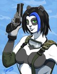 anthro black_hair blue_hair clothed clothing eyewear female fur gloves goggles goggles_around_neck gun hair handwear highlights_(coloring) holding_object holding_weapon military_clothing partially_clothed pose ranged_weapon simple_background solo weapon white_body white_fur sairine shein_li bear giant_panda mammal hi_res pinup