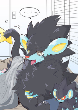 after_transformation ambiguous_gender bed bedding bedroom black_body black_fur blanket blue_body blue_fur bodily_fluids claws ellipsis fangs feral finger_claws fluffy fur furniture grey_eyes heterochromia implied_transformation inside lying on_front open_mouth pawpads pink_pawpads plushie red_nose snout solo sweat tail teeth toe_claws tongue tongue_out yellow_body yellow_eyes yellow_fur juutton nintendo pokemon felid generation_4_pokemon luxray mammal pokemon_(species) hi_res shaded
