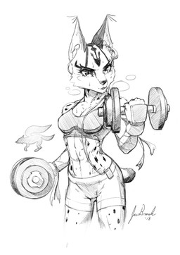 anthro athletic athletic_anthro athletic_female bars big_ears bodily_fluids breasts ear_piercing ear_ring exercise eyelashes female fingers fur holding_object markings navel piercing ring_piercing solo spots spotted_body spotted_fur sweat text weightlifting workout jecbrush nintendo star_fox miyu_(star_fox) felid feline lynx mammal 2018 absurd_res black_and_white english_text hi_res monochrome sketch