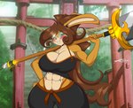 abs anthro athletic athletic_female big_breasts blush breasts brown_hair buckteeth cleavage clothed clothing eyewear female giant_sword glasses hair long_hair looking_at_viewer melee_weapon mountain_range shirt smile smiling_at_viewer solo sword tank_top teeth topwear weapon mastergodai lagomorph leporid mammal rabbit 2021