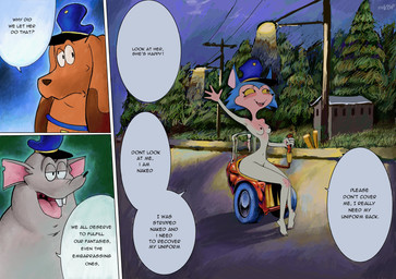anthro blue_hair breasts brown_body buckteeth building clothing detailed_background dialogue disability exhibitionism female fur grey_body grey_fur hair half-closed_eyes happy house male narrowed_eyes nude open_mouth plant police police_hat police_officer police_uniform power_lines speech_bubble street_lamp teeth text tree uniform yellow_sclera p0stalk patrol_03 carmen_(patrol_03) shorty_(patrol_03) wilfred_(patrol_03) arctic_fox canid canine fox mammal murid murine rodent true_fox colored comic english_text hi_res