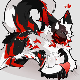 anthro big_breasts big_tail biped blush breasts cheek_tuft crotch_tuft curled_tail facial_tuft female fur hand_above_breast hand_on_breast hand_on_own_breast heart_symbol horn long_tail lying machine nude nude_anthro nude_female open_mouth ruff simple_background smile solo tail thick_tail three-quarter_view tuft wings aflictedpaw protogen 1:1 2025 digital_drawing_(artwork) digital_media_(artwork) hi_res shaded