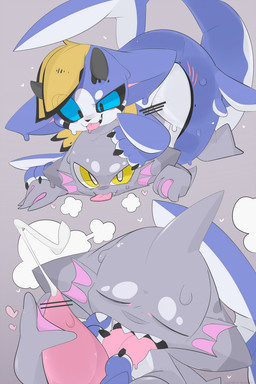 2_horns 3_fingers ambiguous_gender anthro black_claws black_horn black_markings black_nose black_sclera black_spots blonde_hair blue_body blue_ears blue_eyes blue_tail bodily_fluids breath censor_bar circle_eyebrows claws cum cum_string cute_fangs duo eyebrows eyes_closed fangs featureless_feet feet fellatio fin fingers genital_fluids genitals gills grey_background grey_body grey_feet grey_fin hair hand_on_head hand_on_penis head_fin heart_symbol horn ineffective_censorship looking_down looking_down_at_partner lying male male/ambiguous markings membrane_(anatomy) multicolored_body multicolored_hair multicolored_tail on_front on_top oral panting penile penis pink_membrane pink_penis pink_tongue pupils sex sharp_teeth shota simple_background split_form spots steam sweat sweatdrop tail tapering_penis teeth text tongue two_tone_hair white_body white_eyebrows white_markings white_pupils white_spots white_tail yellow_eyes young young_on_young presto_(artist) mano_(goommario010) waroo_(presto) aquatic fish merfolk shark unknown_species 2:3 artist_name censored digital_media_(artwork) english_text hi_res female_(lore)