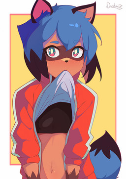 anthro black_body black_fur black_hair blue_body blue_eyes blue_fur blue_hair blush bra brown_body brown_fur clothed clothing clothing_lift facial_markings female fluffy fluffy_tail fur hair head_markings jacket looking_at_viewer markings mask_(marking) multicolored_body multicolored_fur multicolored_hair navel shirt shirt_in_mouth shirt_lift solo sports_bra tail topwear underwear darahan brand_new_animal studio_trigger michiru_kagemori canid canine mammal raccoon_dog tanuki 2020 digital_media_(artwork)