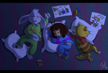 ambiguous_gender anthro armless barefoot black_bars brown_hair candy carpet chocolate clothed clothing crayon curled_up dark dessert eyes_closed feet food fur group hair inside long_ears lying male on_back on_side pajamas pillow scarf sleeping smile soles text toes white_body white_fur yellow_body yellow_skin tc-96 undertale undertale_(series) asriel_dreemurr frisk_(undertale) mettaton monster_kid papyrus_(undertale) sans_(undertale) undyne boss_monster_(undertale) bovid caprine goat human humanoid mammal letterbox