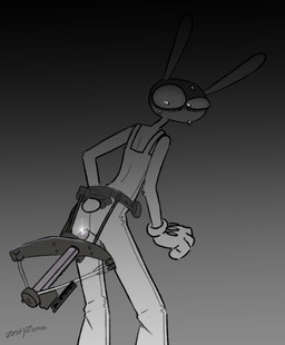 4_fingers anthro arm_tuft bodily_fluids clothed clothed_male clothing crossbow dildo elbow_tuft fingers harness looking_back male mouthless ranged_weapon scared sex_toy solo sparkles standing sweat tuft weapon zestyzoma glitch_productions the_amazing_digital_circus jax_(tadc) lagomorph leporid mammal rabbit
