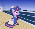 book clothed clothing day feathered_wings feathers female feral fur hair hat headgear headwear horn magic_glow multicolored_hair outside purple_eyes sea seaside ship sky smile solo vehicle water watercraft wings gennadykalugina_(artist) friendship_is_magic hasbro my_little_pony mythology twilight_sparkle_(mlp) equid equine mammal mythological_creature mythological_equine winged_unicorn