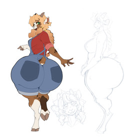 2_horns anthro big_butt blonde_hair bottom_heavy braided_hair breasts brown_body brown_fur butt clothed clothing cloven_hooves ear_piercing female fur green_eyes hair hooves horizontal_pupils horn huge_butt huge_hips looking_at_viewer looking_back medium_breasts nipples nude open_mouth open_smile overalls piercing pupils raised_leg rear_view scut_tail short_tail side_view smile smiling_at_viewer solo tail tan_body tan_fur thick_thighs topwear unguligrade wide_hips yellow_sclera inu-sama bovid caprine goat mammal 2026 absurd_res hi_res portrait