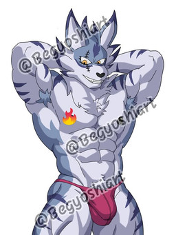 abs anthro armor armpit_hair barazoku biceps big_muscles blue_stripes body_hair brass_knuckles chest_hair claws clothing eye_scar facial_scar flexing flexing_bicep flexing_both_biceps flexing_muscles fur hands_behind_head male melee_weapon multicolored_body muscular muscular_anthro muscular_male nipple_piercing nipples pecs piercing red_clothing red_thong red_underwear scar shoulder_pads showing_teeth simple_background smile solo striped_body striped_fur stripes tail teeth thong underwear weapon white_body yellow_eyes begyoshiart bandai_namco digimon canid canine digimon_(species) mammal weregarurumon distracting_watermark watermark