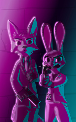 anthro buckteeth clothed clothing dipstick_ears duo ear_markings female gun handgun holding_gun holding_object holding_ranged_weapon holding_weapon lens_flare looking_at_viewer male multicolored_ears necktie open_mouth pistol ranged_weapon standing suit synthwave teeth text weapon fanartiguess disney zootopia judy_hopps nick_wilde canid canine fox lagomorph leporid mammal rabbit red_fox true_fox 2016 5:8 absurd_res hi_res restricted_palette url