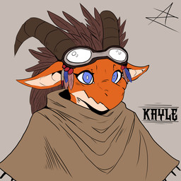 accessory anthro big_ears blue_eyes clothing eyewear feathers female goggles horn orange_body poncho simple_background solo azurian kobold scalie 1:1 absurd_res colored flat_colors hi_res
