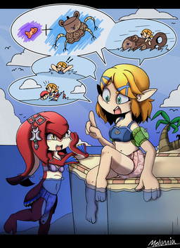 asphyxiation beach blonde_hair clothing diaper drowning duo female green_eyes hair inflatable inflatable_armbands legs_in_water one_fang open_mouth palm_tree plant pointy_ears pool_float princess red_body red_scales royalty scales skimpy_bikini speech_bubble swimwear talking_to_another tree yellow_eyes melunnia breath_of_the_wild nintendo the_legend_of_zelda mipha princess_zelda aquatic clownfish fish guardian_(tloz) hylian pomacentrid zora hi_res