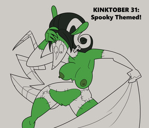 anthro big_breasts breasts crossgender female gender_transformation genitals hair multicolored_hair nude screw solo tail transformation vulva rusheloc kinktober kinktober_2025 bride_of_frankenstein robin_(rusheloc) american_opossum mammal marsupial patchwork_creature virginia_opossum 2025