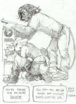 ambiguous_gender anthro clothing crouching dialogue duo ear_piercing ear_tag footwear leaning leaning_forward male male_anthro parking_meter piercing shoes simple_background sneakers speech_bubble standing text white_background decafbat bull_(giegues) bovid bovine caprine cattle goat mammal 2024 dated english_text guide_lines handwritten_text monochrome signature traditional_media_(artwork)