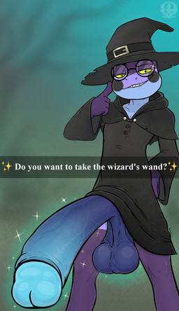 anthro balls big_balls big_penis genitals holidays huge_balls huge_penis hyper hyper_balls hyper_genitalia hyper_penis magic_user male penis perspective solo text witch threehorns halloween amphibian frog absurd_res english_text hi_res