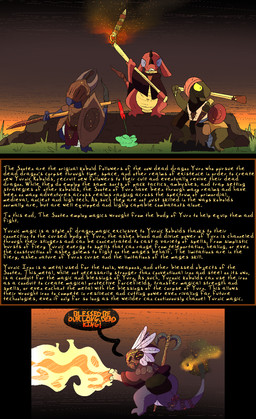 ambiguous_gender armor cultist elemental_manipulation feral fire fire_manipulation flail group magic melee_weapon polearm semi-anthro shield sling_(weapon) spear staff stinger text weapon thepatchedragon kobold scalie english_text hi_res