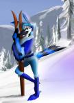 anthro avian beak bedroom_eyes bird black_beak blue_body blue_feathers boots clothed clothing corrvo eyebrows eyelashes feather_6 feathered_wings feathers female footwear half-closed_eyes hi_res mati narrowed_eyes pose seductive snow solo wings