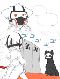 anthro black_body black_fur clothing coat duo fur gas_mask hammer interlocked_fingers lab_coat locker male male_anthro mask parody red_eyes rug simple_background tools topwear weapon white_background white_body white_fur chano changed_(video_game) jojo's_bizarre_adventure menacing_approach stardust_crusaders dr._k_(changed) puro_(changed) canid canine canis mammal wolf digital_media_(artwork) hi_res meme