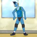 1:1 amphibian anthro anthrofied bulge clothing dak_(fuze) fuze generation_3_pokemon gym hair hi_res jockstrap male mudkip nintendo pokemon pokemon_(species) pokemorph pose shirt solo sport standing tank_top topwear underwear uniform volleyball window