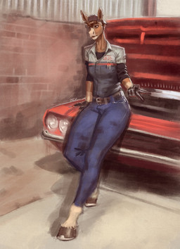 anthro backwards_baseball_cap backwards_hat baseball_cap belt bottomwear brown_body brown_fur brown_hair car car_hood clothed clothed_anthro clothed_female clothing denim denim_bottomwear denim_clothing female freckled_face freckles fully_clothed fully_clothed_anthro fully_clothed_female fur garage gloves hair handwear hat headgear headwear hooves jeans mechanic pants shirt slim_female solo tall topwear unguligrade vehicle mixnmatt equid equine horse mammal absurd_res hi_res