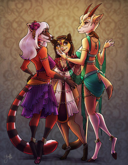 accessory anthro blonde_hair braided_hair breasts brown_eyes brown_hair brown_nose clothing ear_piercing female flower flower_in_hair fur furgonomics gold_(metal) gold_jewelry group hair hair_accessory harem harem_jewelry harem_outfit horn jewelry long_tail markings membrane_(anatomy) orange_body orange_fur patagium piercing pink_nose plant striped_markings striped_tail stripes tail tail_markings tan_body tan_fur white_hair yellow_body yellow_fur kaylii antelope australian_possum bovid coati gazelle mammal marsupial petaurid procyonid sugar_glider thomson's_gazelle true_antelope 2016 digital_media_(artwork) hi_res