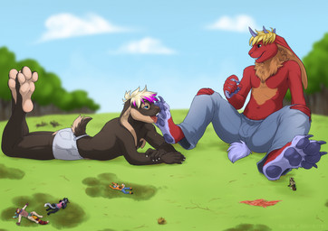 4_toes 5_fingers anthro barefoot black_body black_sclera blonde_hair blue_bottomwear blue_clothing blue_eyes blue_pawpads bottomwear brown_body brown_fur claws clothed clothing cloud day denim denim_bottomwear denim_clothing duo_focus extreme_size_difference feet fingers floppy_ears foot_fetish foot_focus foot_lick foot_on_face foot_play fur grass grey_bottomwear grey_clothing group hair horn jeans larger_anthro larger_male licking looking_at_another lying macro male male/male male_anthro micro multicolored_body on_front open_mouth orange_body orange_fur outside pants pawpads paws pink_tongue plant plantigrade purple_body purple_hair purple_pawpads red_body red_fur short_tail shorts sitting size_difference sky smaller_anthro smaller_male smile soles tail tan_body tan_fur toe_claws toes tongue tongue_out topless topless_anthro topless_male tree tuft white_clothing rooc cirez mahingan zelas_(cirez) canid canine lagomorph leporid mammal rabbit digital_media_(artwork) hi_res