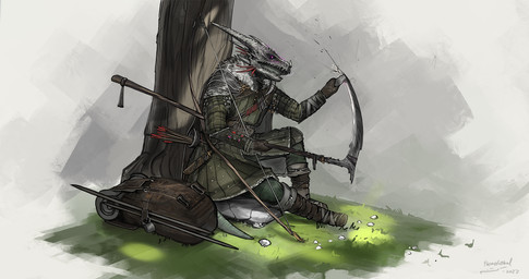 abstract_background anthro armor arrow_(weapon) backpack boots bow_(weapon) brown_boots brown_clothing brown_footwear buckle clothing coat female footwear gloves glowing glowing_eyes grass green_clothing green_coat green_topwear grey_body handwear head_spikes holding_object holding_weapon horn jewelry knife light melee_weapon outside pauldron plant polearm purple_eyes ranged_weapon rock scythe sharpening_weapon shoes sitting solo sparks spikes spikes_(anatomy) straps sunlight tail topwear tree vambrace vial weapon whetstone themefinland mythology dragon mythological_creature mythological_scalie scalie wingless_dragon 2022 dated digital_media_(artwork) hi_res signature