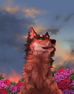 ambiguous_gender black_nose brown_body brown_fur cheek_tuft facial_tuft feral flower fur mouth_closed neck_tuft outside plant sky solo text tuft whiskers white_eyes msdeadsoul canid mammal 2019 artist_name dated