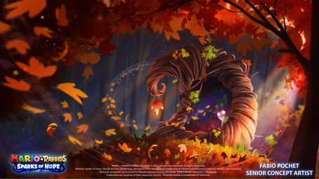 anthro autumn empty_eyes eyelashes female female_anthro forest frown frowning_at_viewer fur glowing glowing_eyes grass hair leaf leaf_hair light looking_at_viewer noseless open_frown open_mouth orange_hair plant plant_hair pseudo_hair solo sunlight tan_inner_ear text title tree white_body white_fur wind year fabio_pochet mario_plus_rabbids_sparks_of_hope nintendo raving_rabbids rayman_(series) ubisoft dryad_(mario_plus_rabbids) dryad hybrid lagomorph mammal rabbid 16:9 2023 4k absurd_res artist_name colored concept_art digital_drawing_(artwork) digital_media_(artwork) english_description english_text hi_res lighting official_art shaded widescreen