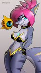 anthro bra breasts clothed clothing collar drone female gills gloves grey_body grey_skin hair handwear looking_at_viewer machine multicolored_body non-mammal_breasts pink_hair pose sharp_teeth smile solo standing stripes teeth underwear uwu wide_hips plecopsar pearlie_(galajo) fish marine robot shark 4k 9:16 absurd_res hi_res meme pinup shaded widescreen