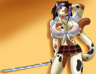 anthro big_breasts biped black_hair bottomwear breasts candy clothed clothing cross dessert female food front_view genitals hair highlights_(coloring) hoodie-ninja! huge_breasts jewelry katana lollipop melee_weapon microskirt midriff miniskirt necklace nipple_outline nipples no_underwear orange_background piercing plaid purple_highlights red_bottomwear red_clothing religion shirt simple_background skimpy skirt solo standing sword tied_shirt topwear translucent translucent_clothing translucent_topwear vulva weapon white_clothing white_topwear gideon christianity domestic_cat felid feline felis mammal digital_media_(artwork) portrait three-quarter_portrait