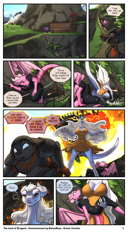 anthro big_breasts breasts brown_body brown_fur clothing dialogue dress elemental_manipulation female fire fire_manipulation fur green_eyes hair horn larger_female male melee_weapon mountain pink_body silver_skin size_difference solarin_magic sword temple text torn_wing weapon white_hair wings yellow_eyes feretta mythology tale_of_tails mis'alia rose_(natsunomeryu) canid canine canis draako dragon mammal mythological_creature mythological_scalie scalie wolf 2025 absurd_res comic english_text hi_res