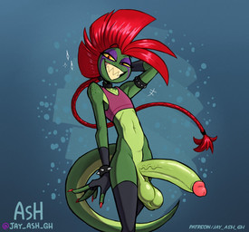 alternative_fashion anthro bedroom_eyes blue_background bottomless bottomless_anthro bottomless_male bracelet clothed clothing collar crop_top femboy fingerless_gloves freckles genitals gloves green_body green_scales grin hair half-closed_eyes handwear humanoid_genitalia humanoid_penis inviting jewelry legwear male mohawk multicolored_body multicolored_scales narrowed_eyes penis punk red_hair scales seductive sharp_teeth shirt simple_background smile smirk smug smug_face smug_grin solo spiked_bracelet spikes stockings studded_armlet teeth topwear two_tone_body two_tone_scales yellow_sclera ghastlygh ash_(g-h-) gecko lizard reptile scalie hi_res nonbinary_(lore)