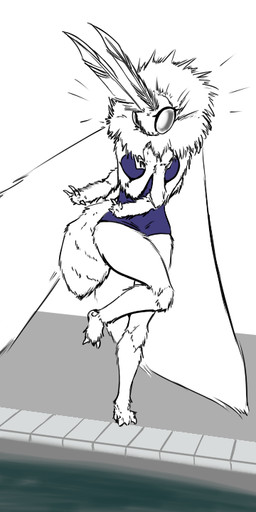 antennae_(anatomy) anthro arthropod_abdomen breasts clothing compound_eyes female fluffy fur insect_wings multi_arm multi_limb neck_tuft non-mammal_breasts poolside scared solo swimwear tuft water wings queblock arthropod insect lepidopteran moth venezuelan_poodle_moth