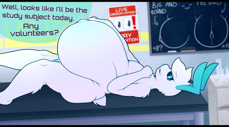 anthro belly belly_blush big_belly black_bars black_sclera blue_eyes blush body_blush chalkboard clothed clothing dialogue fur hand_on_own_belly hand_on_own_chest huge_belly humanoid_hands hyper hyper_belly hyper_pregnancy lying lying_on_table male navel nude on_back outie_navel pregnant pregnant_anthro pregnant_male solo speech_bubble talking_to_viewer text topless topless_anthro topless_male white_body white_fur thefoxydragon zyneru_(character) alien 2025 digital_drawing_(artwork) digital_media_(artwork) english_description english_text hi_res letterbox