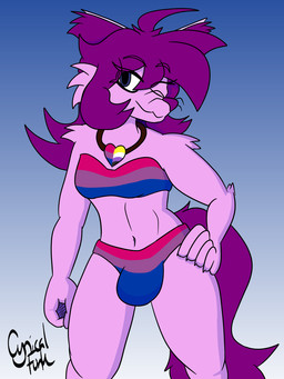 ahoge ambiguous_gender anthro bandeau_bikini bikini bisexual bisexual_pride_colors bulge clothing female femboy fur gradient_background hair jewelry lgbt_pride male male/ambiguous navel necklace nonbinary_pride_colors one_eye_closed pride_colors purple_body purple_fur purple_hair simple_background solo swimwear two-piece_swimsuit wink cynical_funk lgbt_pride_month meadow_(cynical_funk) domestic_cat felid feline felis mammal digital_drawing_(artwork) digital_media_(artwork) hi_res shaded simple_shading